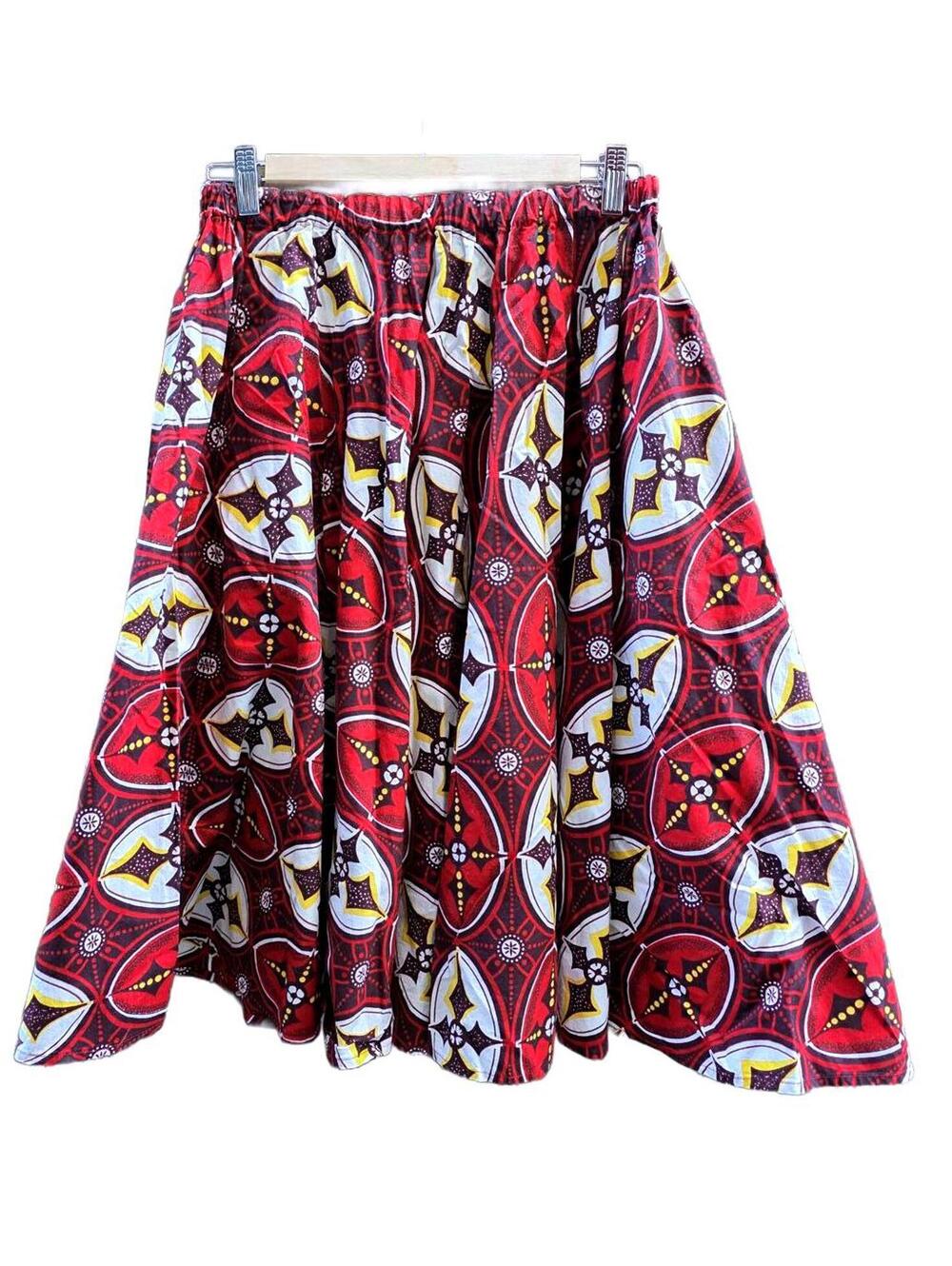 Jasco Veritable Wax Block Print Bold Red Geometric Full Cotton Circle Skirt Sm